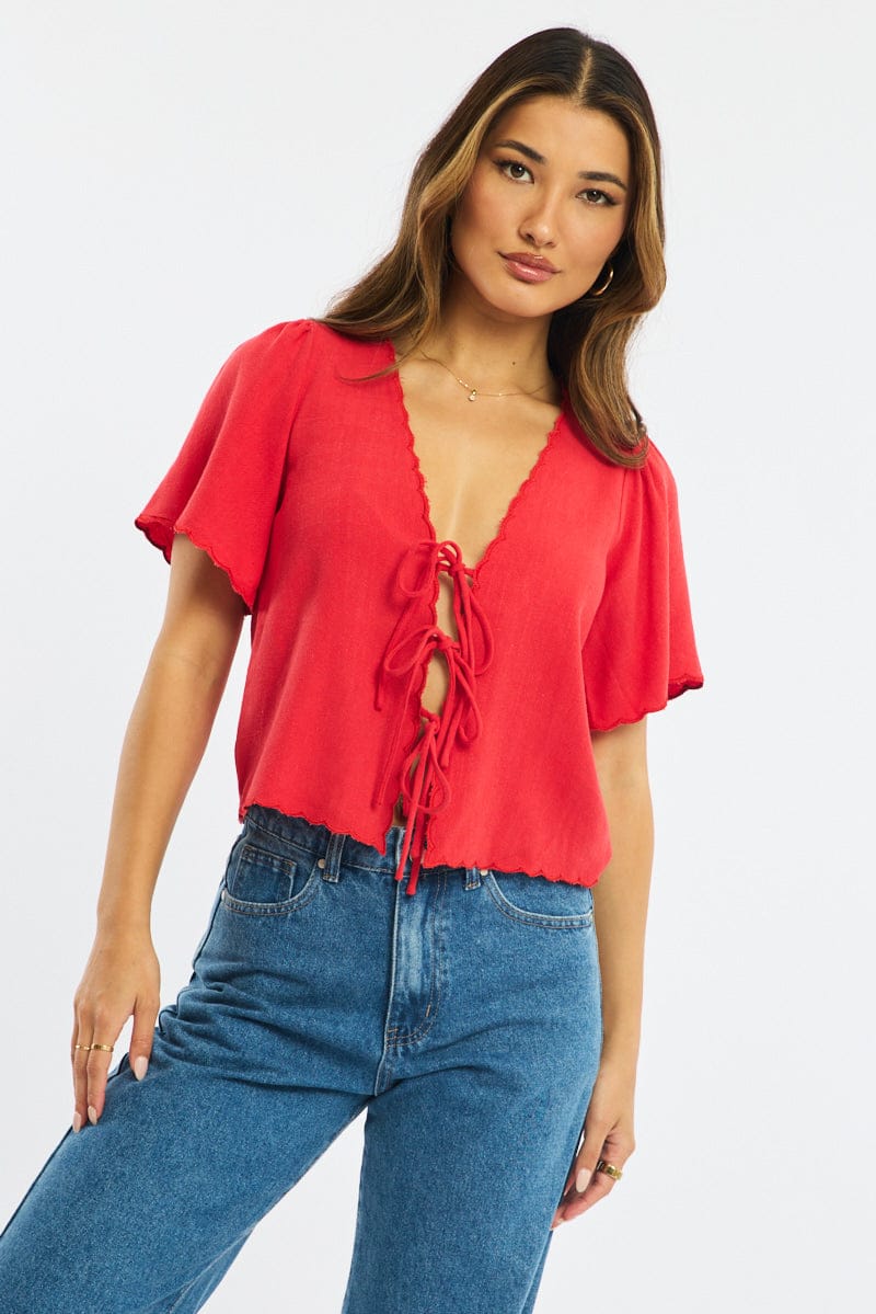 Red Tie Up Short Sleeve